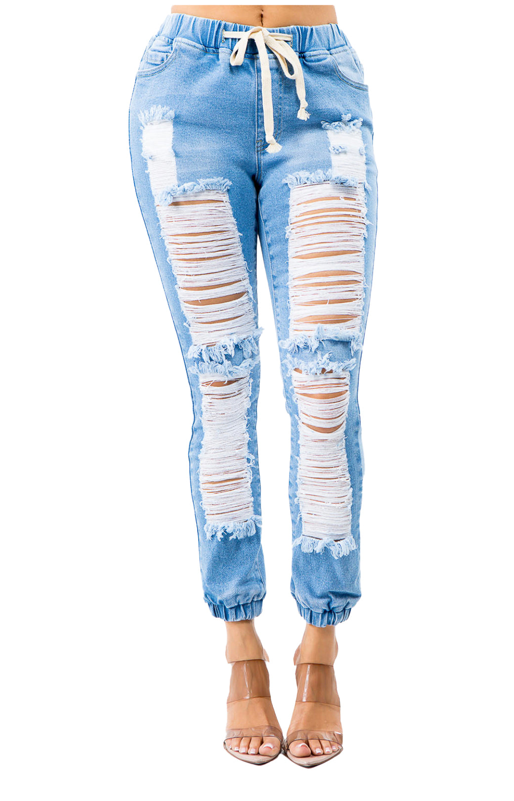 Denim Drawstring High Waisted Front Distressed Joggers The House of Stylez
