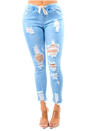 Light Denim Drawstring High Waisted Distressed Skinny Joggers The House of Stylez