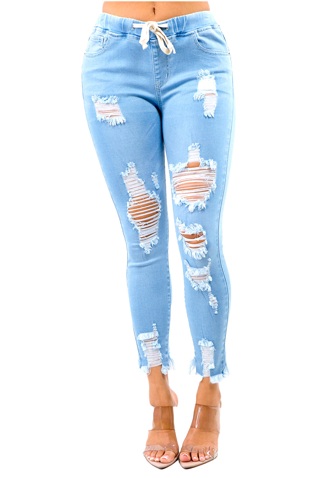 Light Denim Drawstring High Waisted Distressed Skinny Joggers The House of Stylez