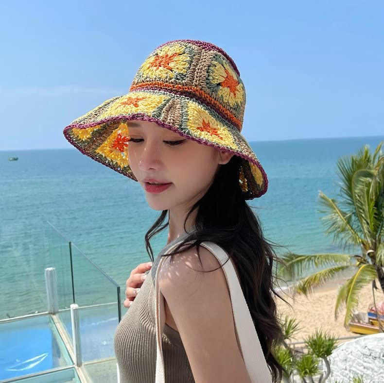 Women's Straw Sun Hat Floral Woven Bucket Hat Fishing Hat Beach Hat Hand Woven Foldable Cap Berry Charmz