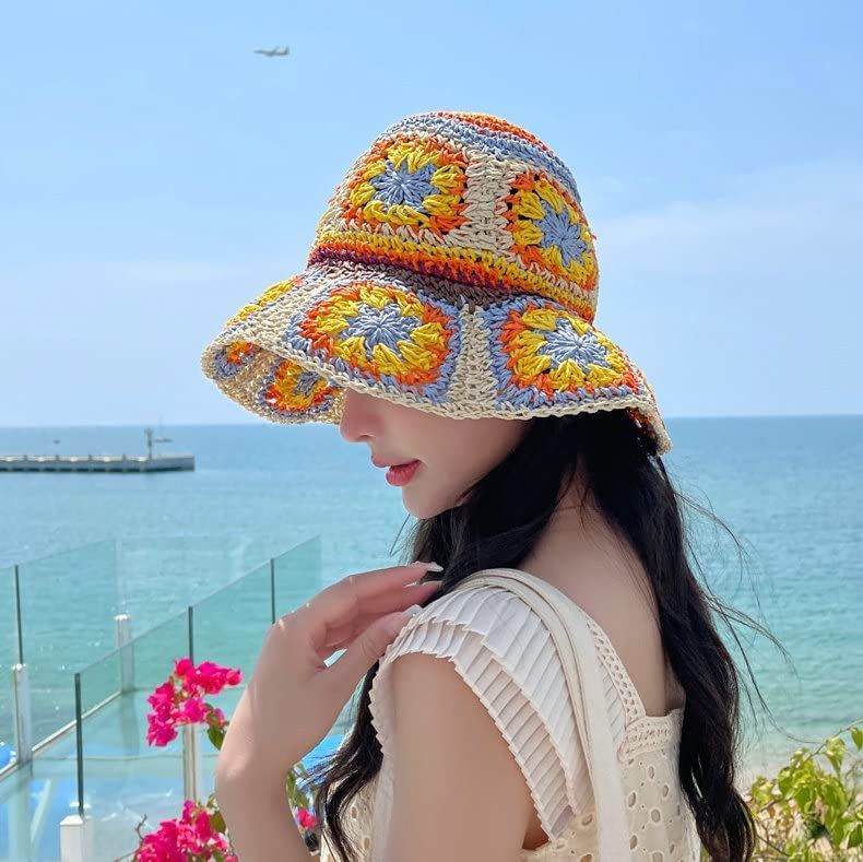 Women's Straw Sun Hat Floral Woven Bucket Hat Fishing Hat Beach Hat Hand Woven Foldable Cap Berry Charmz