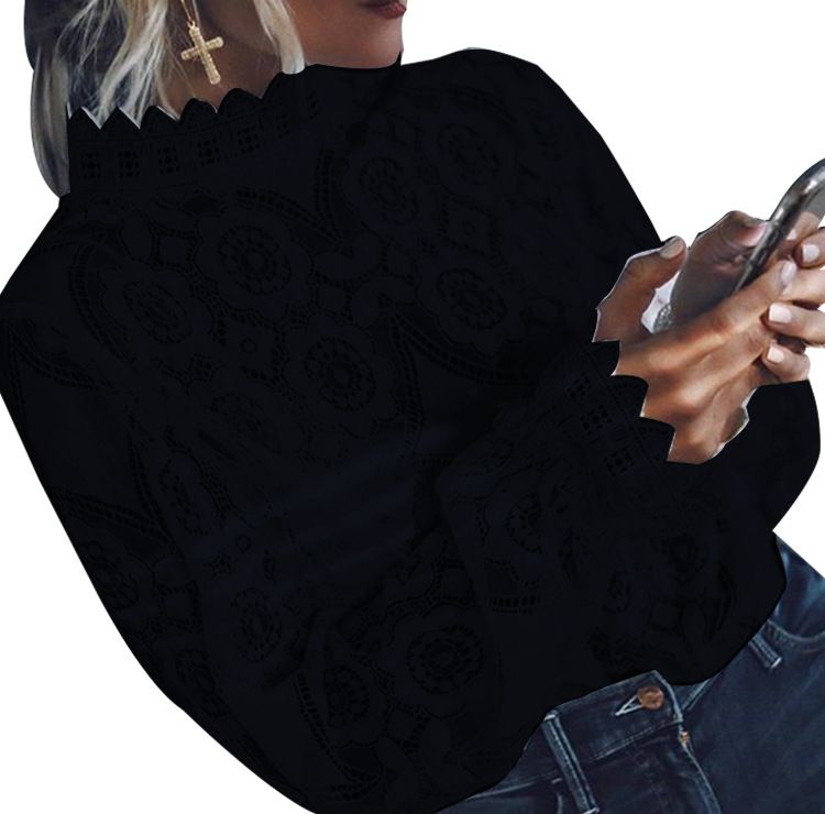 Women's Spring Sexy Perspective Long Sleeve Stand Collar Lace Shirt Top Women's Wear Berry Charmz