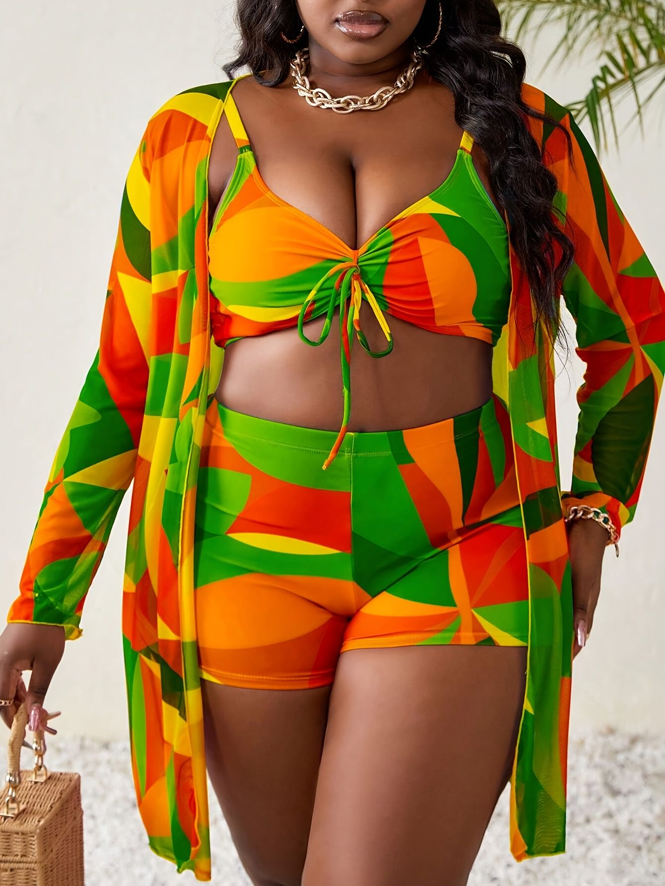 Plus Size Multi-Color Patchwork Printed V-Neck Camisole Boxer Shorts Slim Fit Covering Women's Beach Vacation Swimsuit Three-Piece Set Berry Charmz