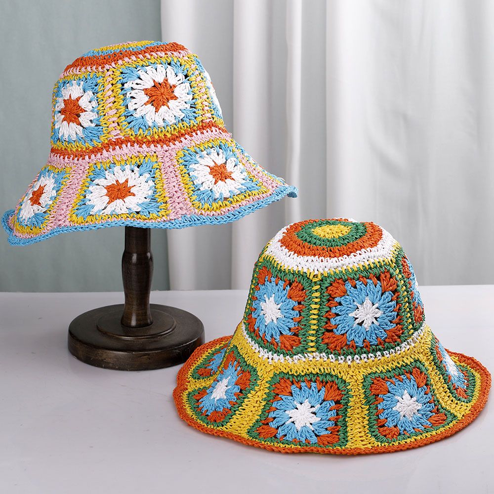 Women's Straw Sun Hat Floral Woven Bucket Hat Fishing Hat Beach Hat Hand Woven Foldable Cap Berry Charmz