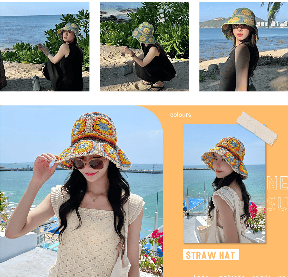 Women's Straw Sun Hat Floral Woven Bucket Hat Fishing Hat Beach Hat Hand Woven Foldable Cap Berry Charmz