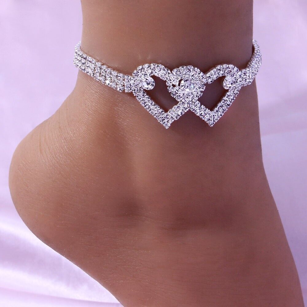 Double Heart Anklet Bracelet Love Barefoot Chain Bling Crystal Ankle Bracelet US Berry Charmz