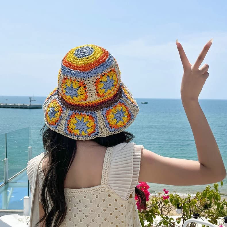 Women's Straw Sun Hat Floral Woven Bucket Hat Fishing Hat Beach Hat Hand Woven Foldable Cap Berry Charmz