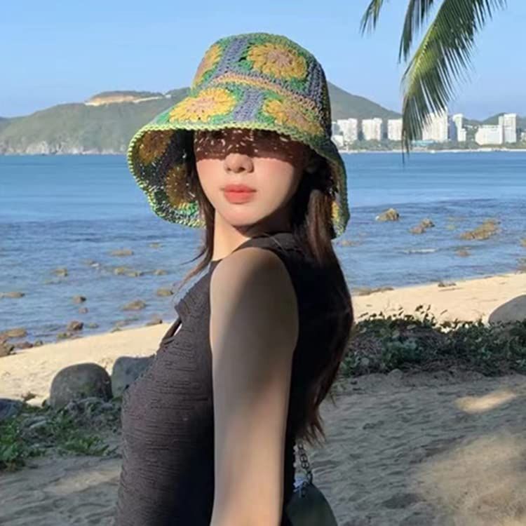 Women's Straw Sun Hat Floral Woven Bucket Hat Fishing Hat Beach Hat Hand Woven Foldable Cap Berry Charmz