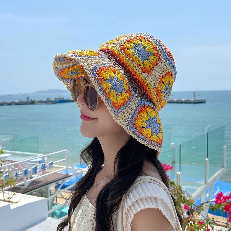 Women's Straw Sun Hat Floral Woven Bucket Hat Fishing Hat Beach Hat Hand Woven Foldable Cap Berry Charmz