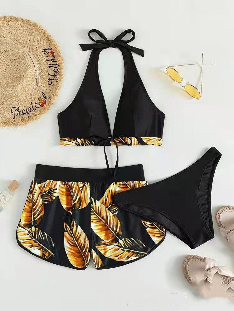3pcs Leaf Print Bikini With Shorts Fashion Summer Beach Swimsuit Womens Clothing FLIPSTYLEZLLC