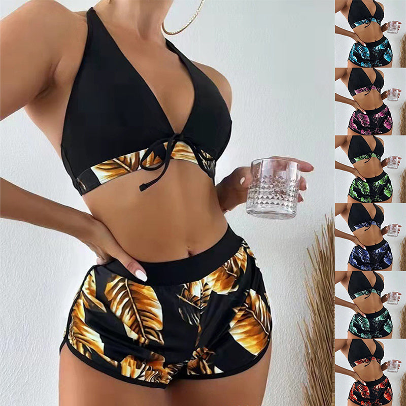 3pcs Leaf Print Bikini With Shorts Fashion Summer Beach Swimsuit Womens Clothing FLIPSTYLEZLLC