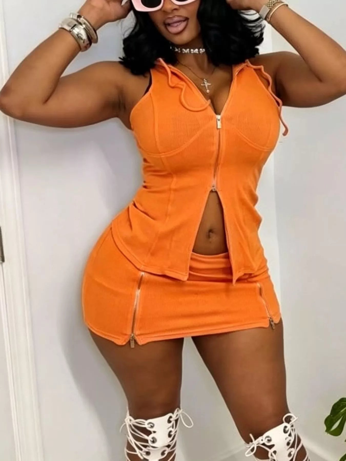 Hooded Zippered Sleeveless Top and Skirt Set Shopimist