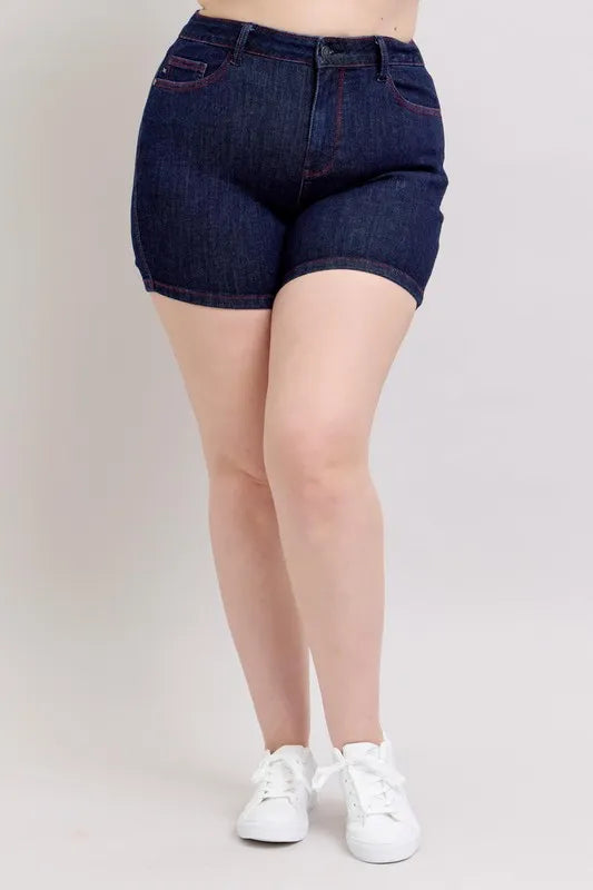 Judy Blue Full Size High Waist Heart Shaped Pkts & Red Contrast Thread Denim Shorts Plus Size Coco’s Tee Boutique