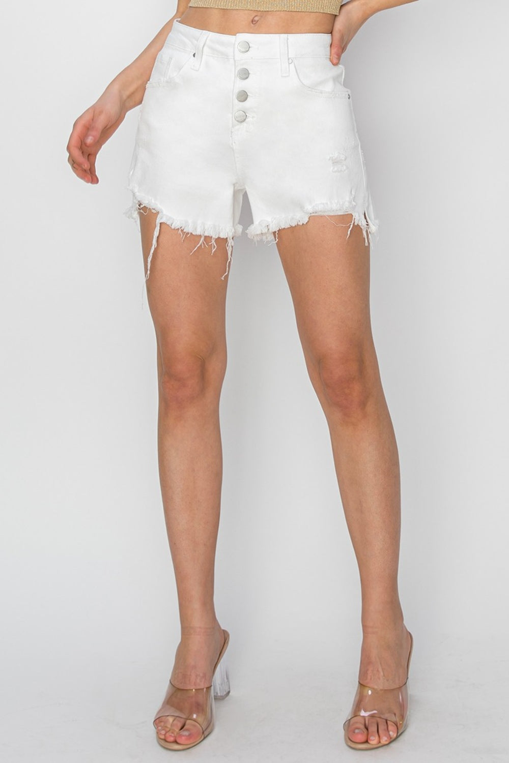 RISEN Button Fly Frayed Hem Denim Shorts Lady Ros