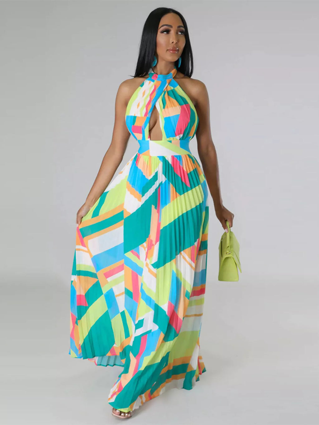 Halter Neck Geometric Print Pleated Maxi Dress Shopimist