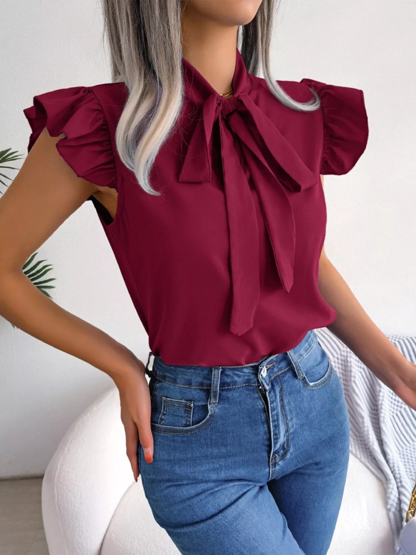 Bow Tie Ruffle Sleeve Blouse Berry Charmz