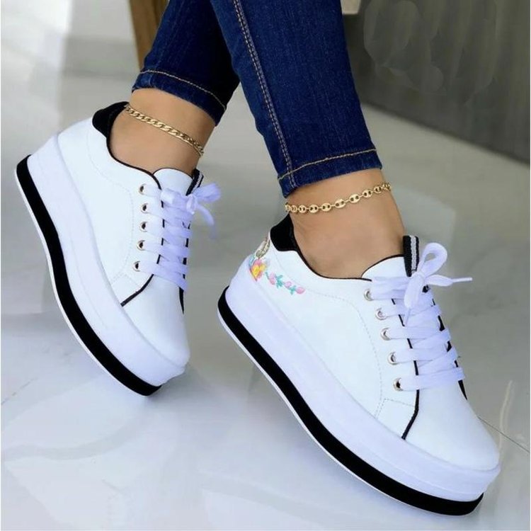 Women's Embroidery Platform Sneakers | Floral PU Lace-Up Chunky Sole Shoes Sarah Express