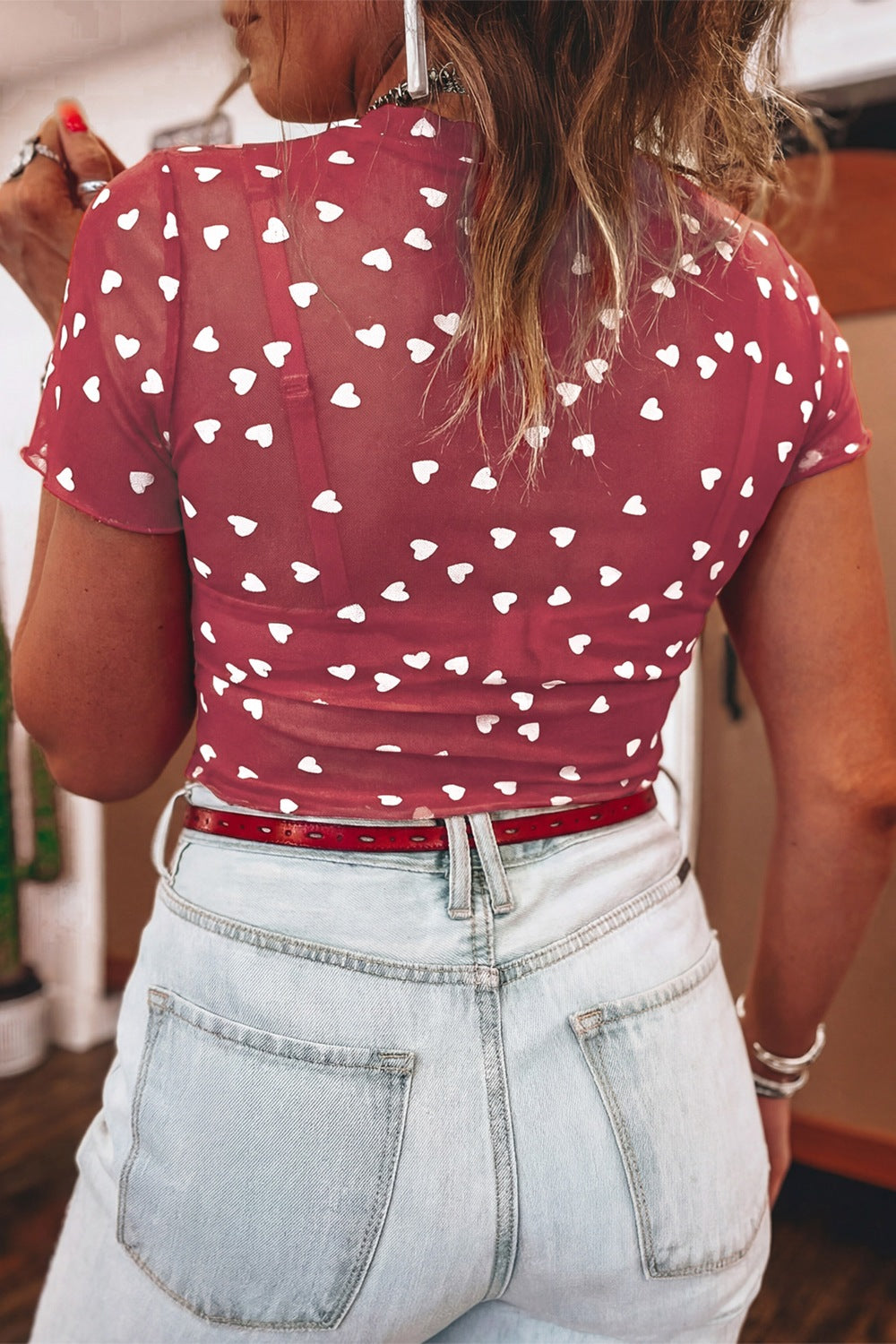 Sheer Heart Print Fitted Top Shopimist