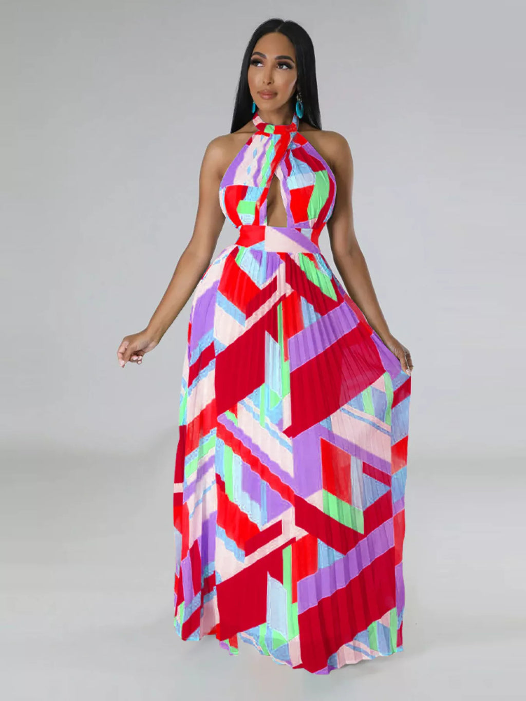 Halter Neck Geometric Print Pleated Maxi Dress Shopimist