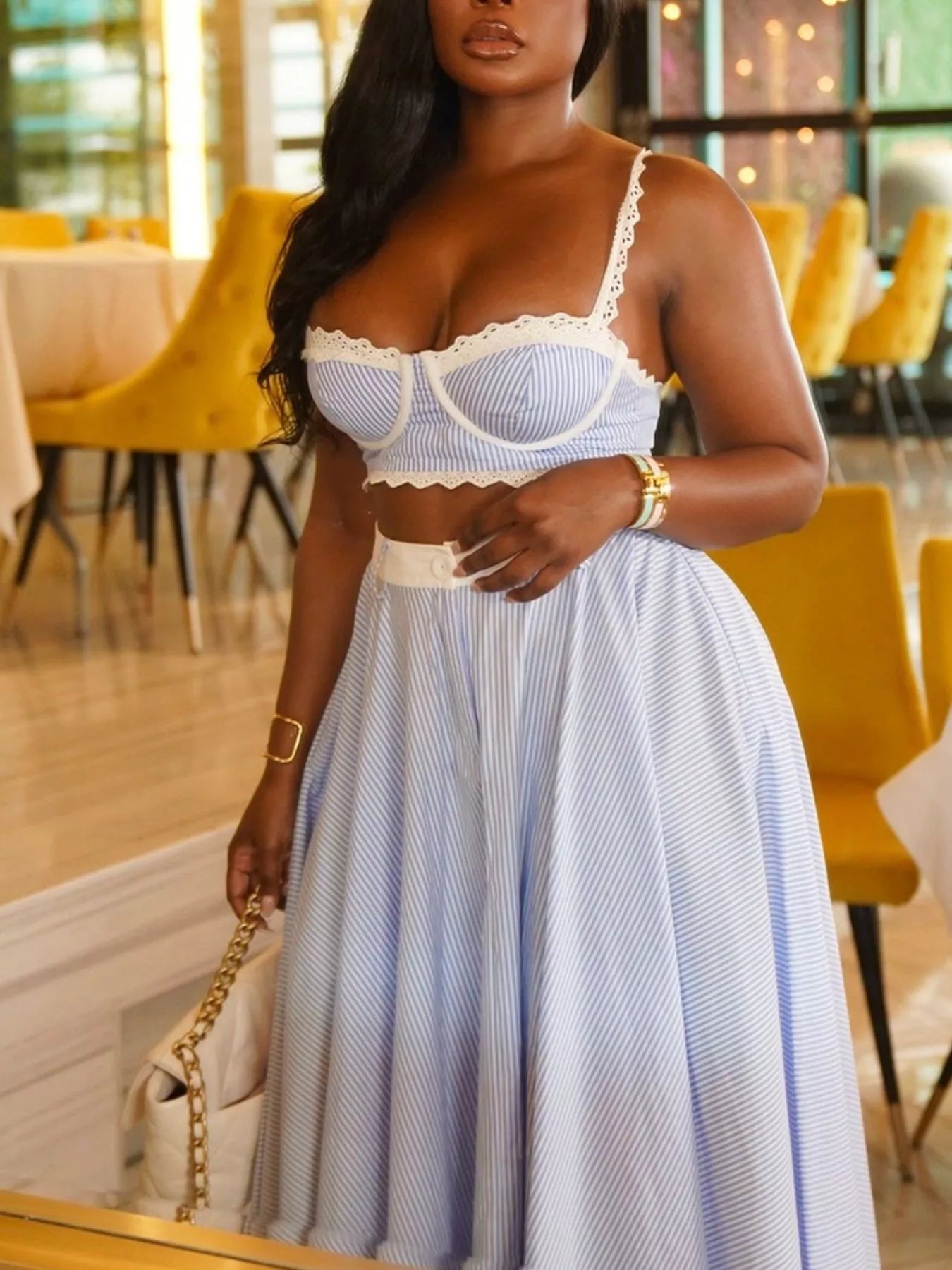 Striped Lace Trim Cami and Skirt Two-Piece Set Shopimist