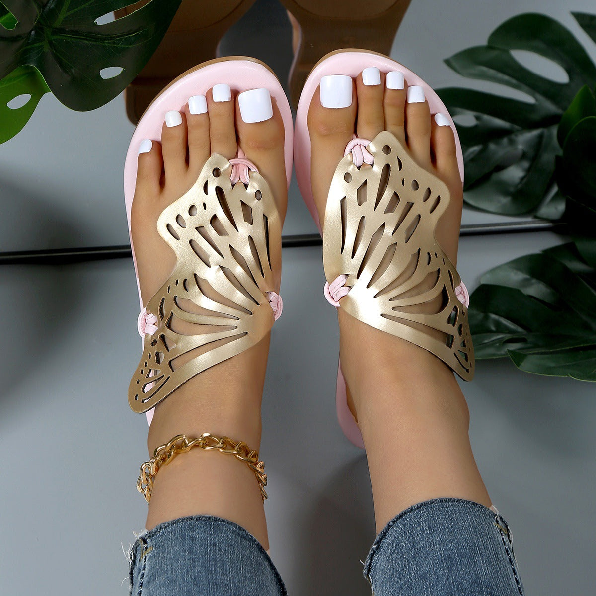 Women's Butterfly Cutout Flat Sandals | PU Open-Toe Slide Slippers Sarah Express