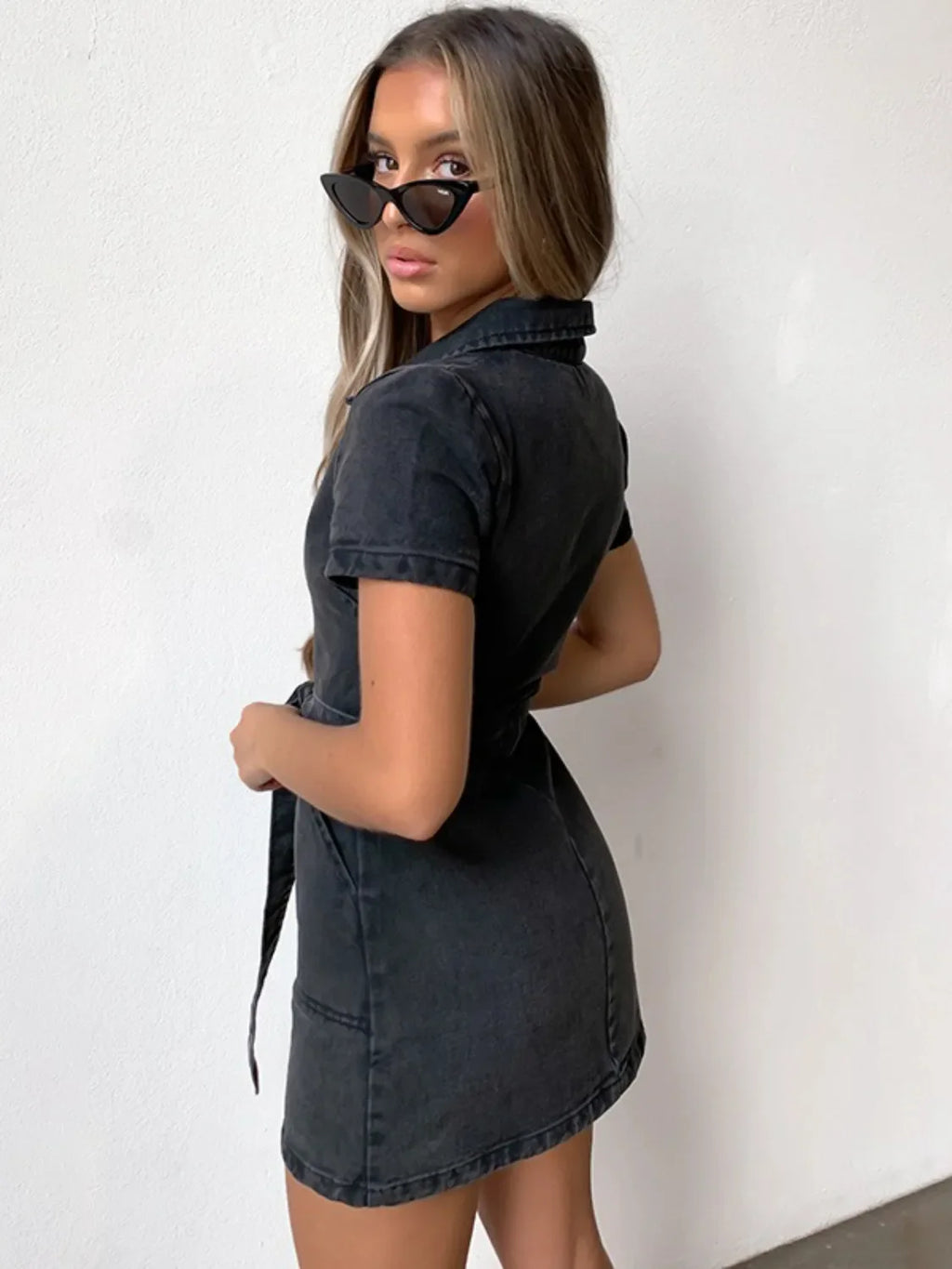 Full Size Zip Front Short Sleeve Denim Dress Plus Size Selvanelle