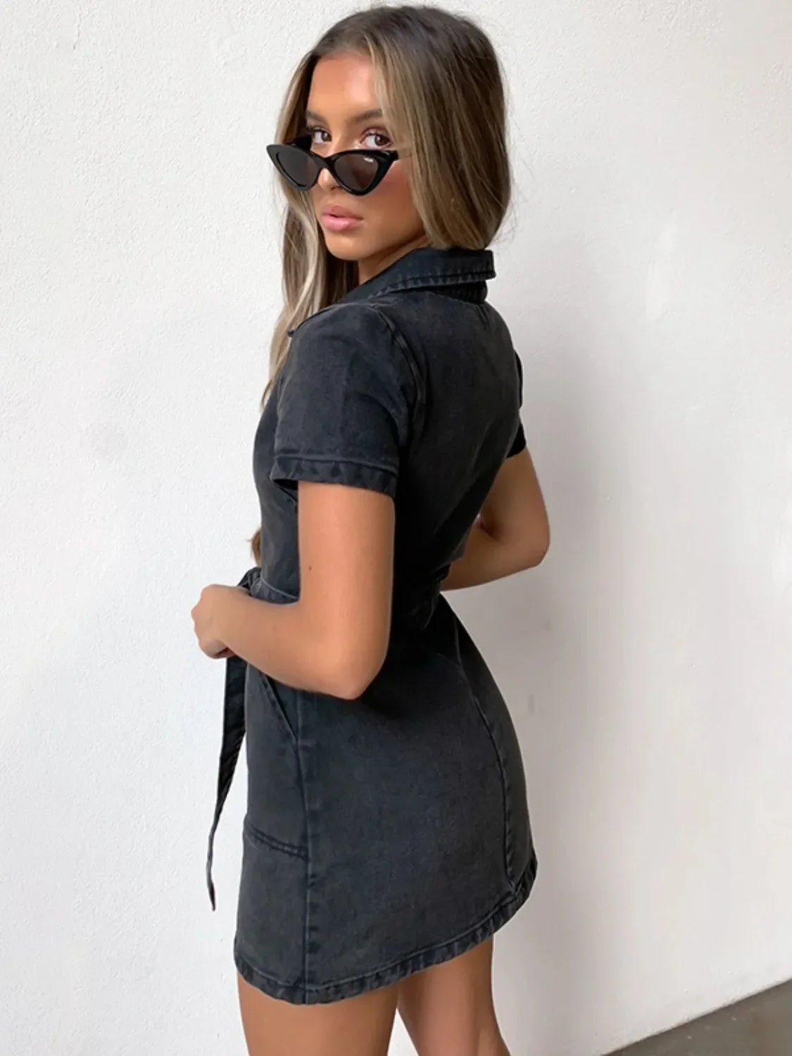Full Size Zip Front Short Sleeve Denim Dress Plus Size Selvanelle