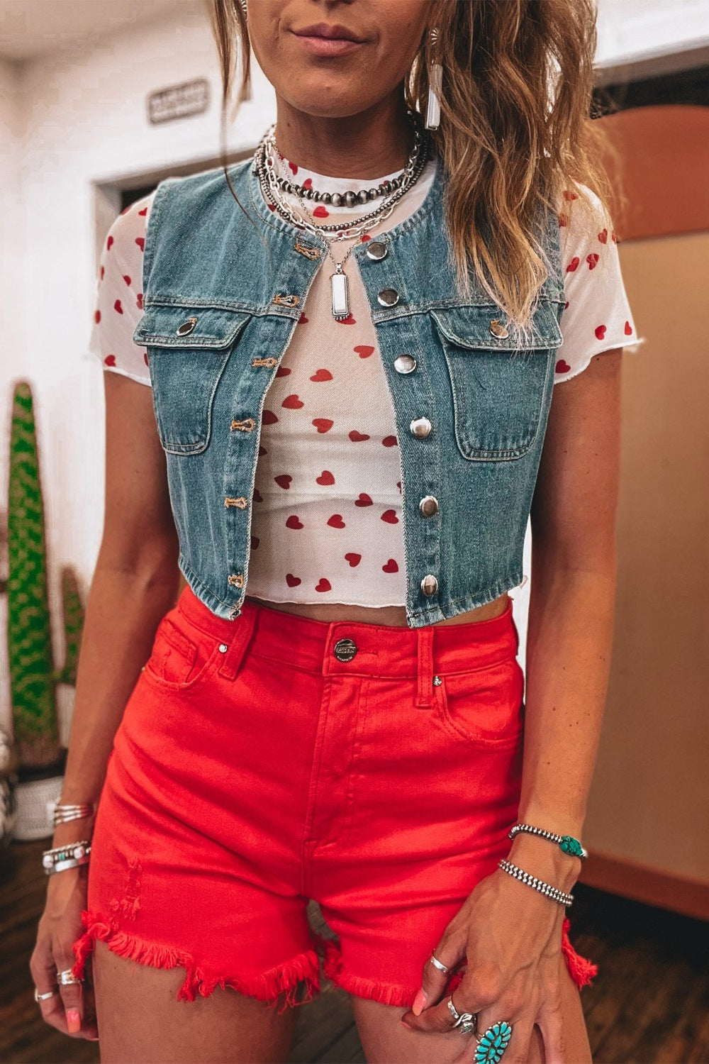 Sheer Heart Print Fitted Top Shopimist
