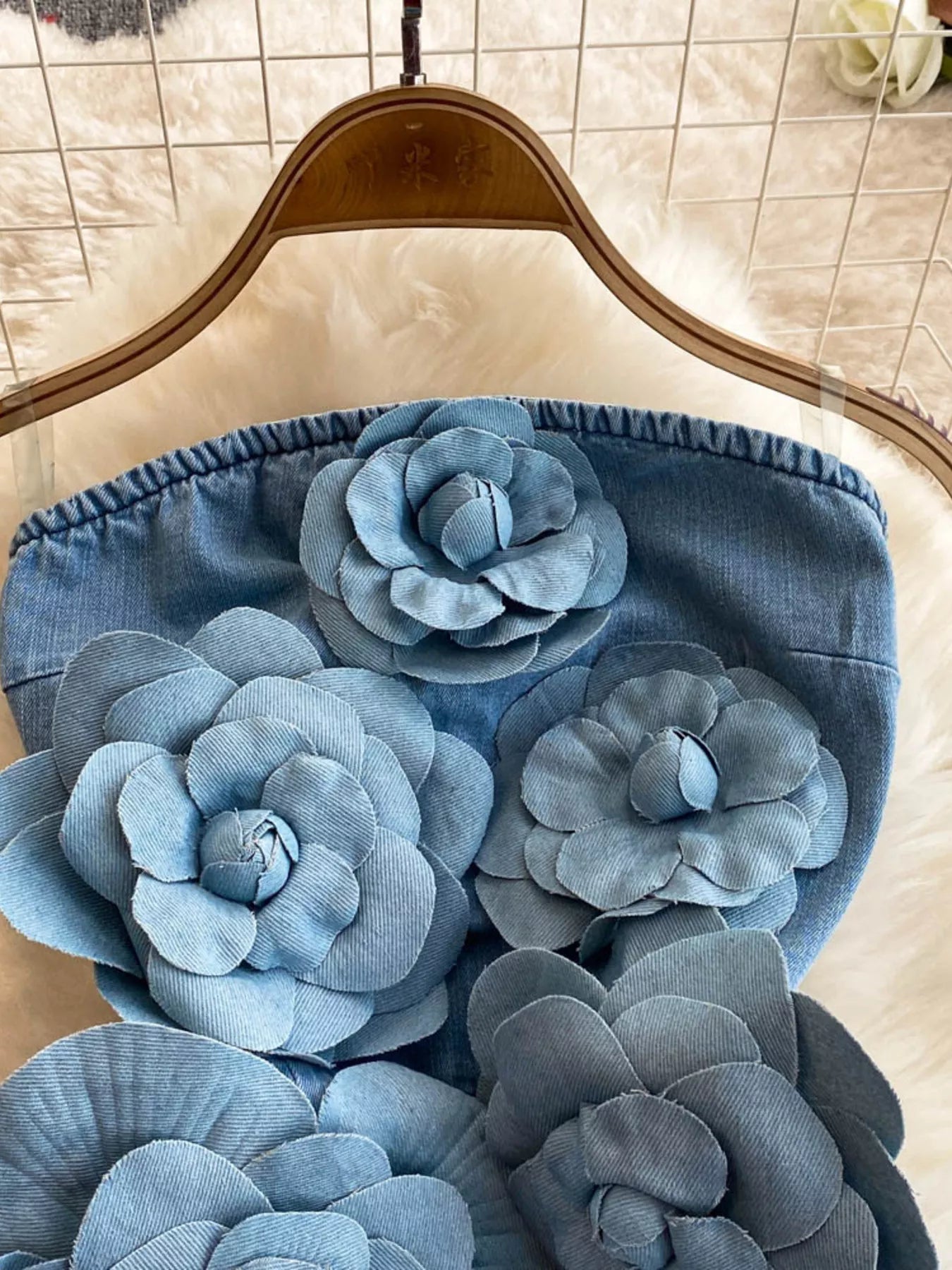 Floral Applique Strapless Denim Dress Shopimist