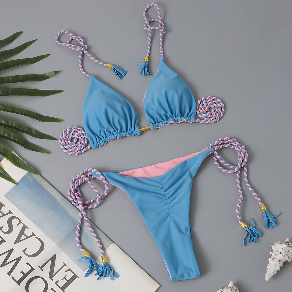New Festival Flame Halter Bikini Set for Women – Triangle V-Neck Backless Two-Piece Swimsuit with Tie Side Bottoms & Adjustable Lace-Up Fit – Sleek Polyamide Swimwear for Koningsdag/King’s Day & Summer Beach Celebrations Stevvex