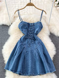 Lace-Up Denim A-Line Mini Dress Shopimist