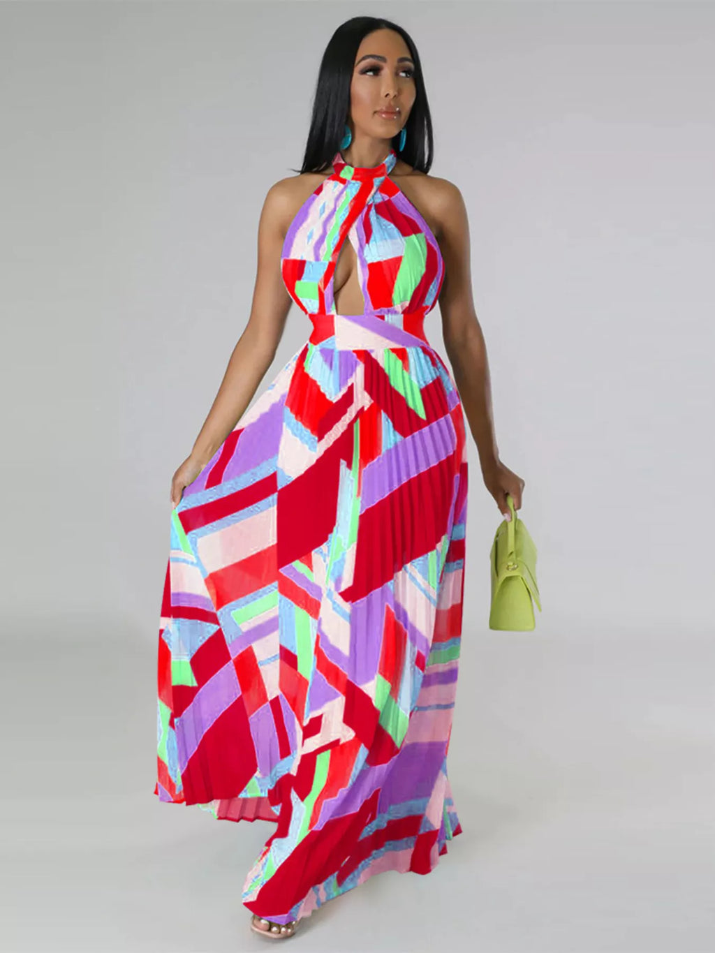 Halter Neck Geometric Print Pleated Maxi Dress Shopimist