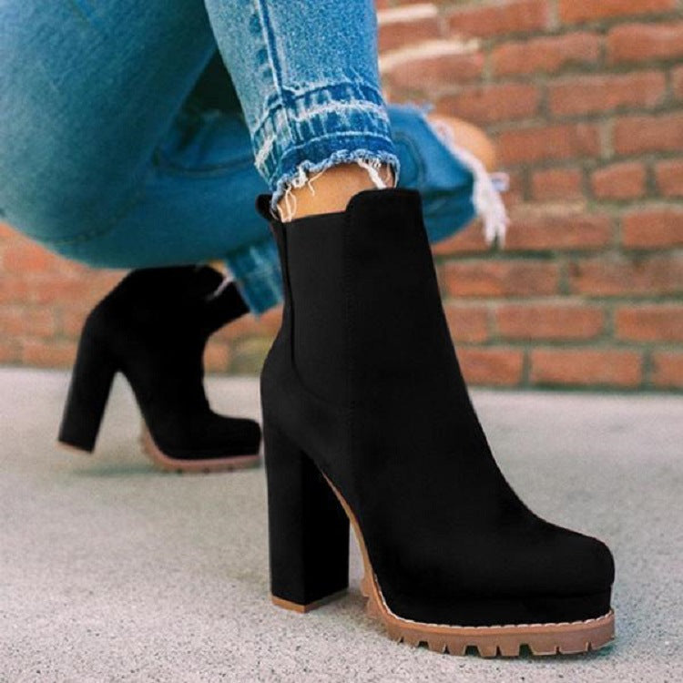 Women's Round-Toe Ankle Boots | Suede Leopard Print Square Thick High Heel Sarah Express