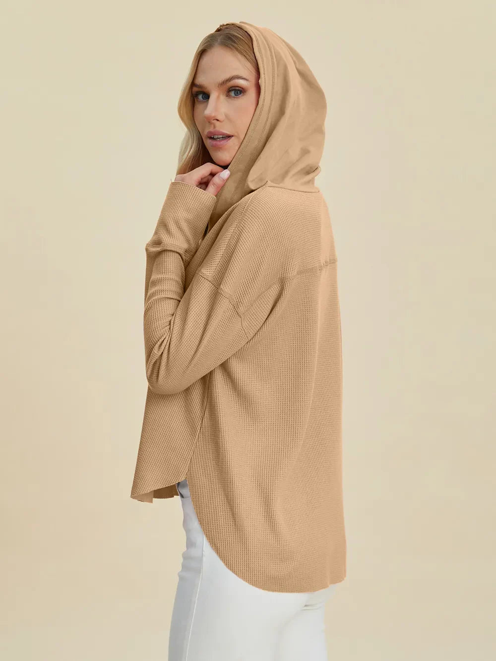 Double Take Full Size High-Low Dropped Shoulder Long Sleeve Hoodie Berry Charmz