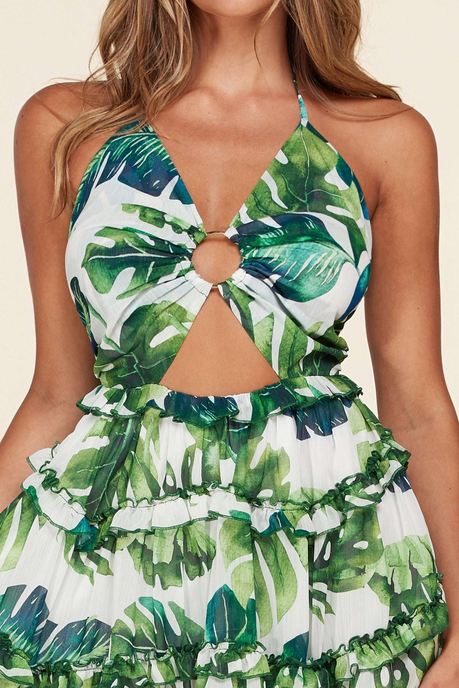 Fasheabe Leaf Print O-ring Mini Dress Fasheabe