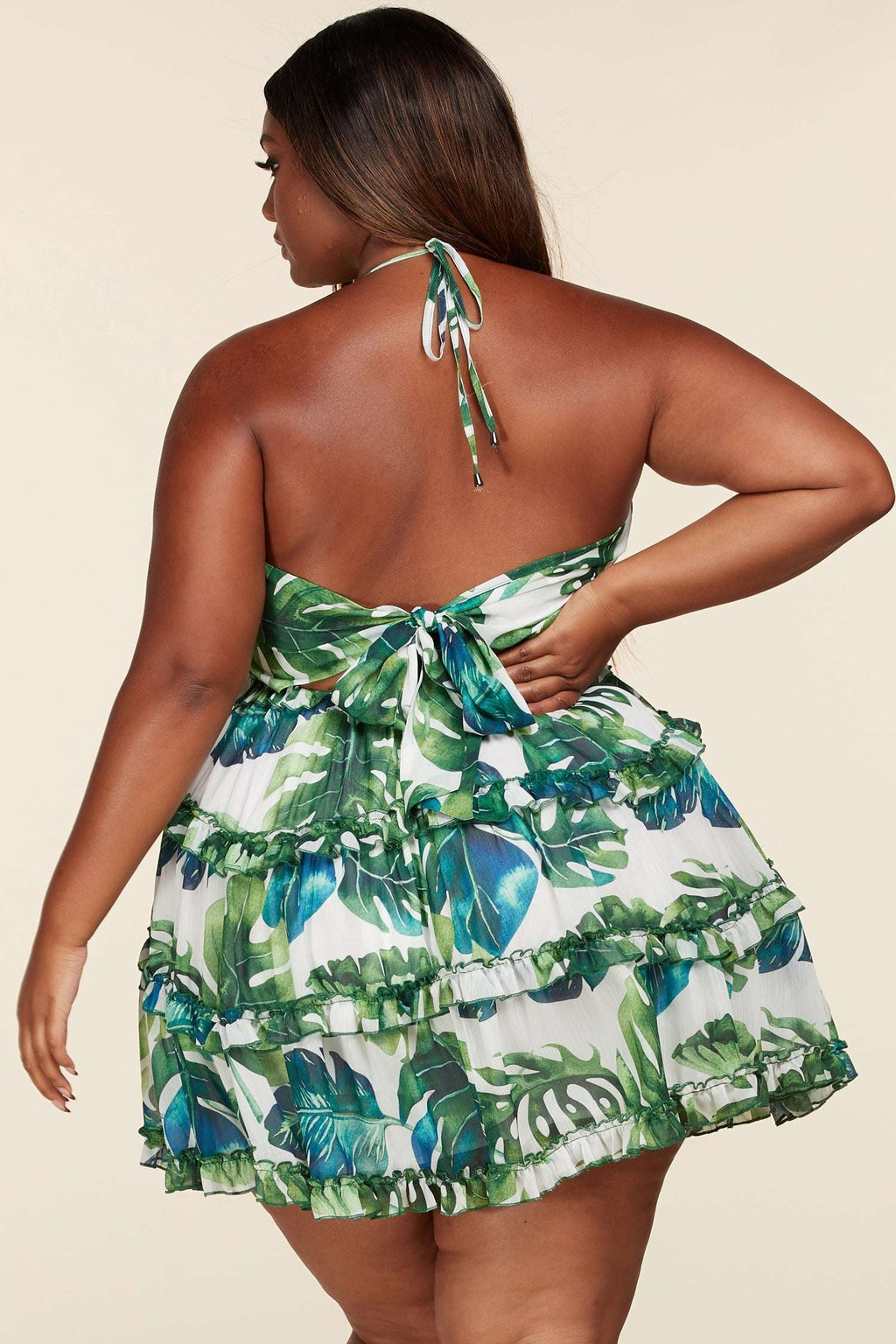 Fasheabe Leaf Print O-ring Mini Dress - Plus Size Fasheabe