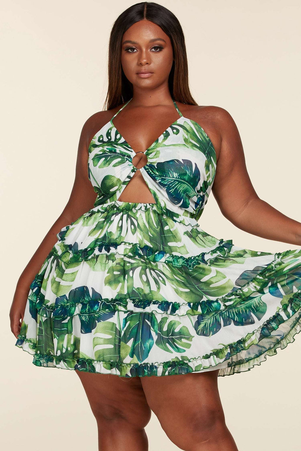 Fasheabe Leaf Print O-ring Mini Dress - Plus Size Fasheabe