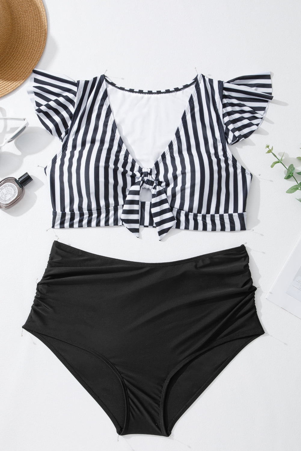Black Stripe Plus Size Knot Cutout Ruffle Sleeve and High Waisted 2pcs Swimsuit Wild and Free Boutique