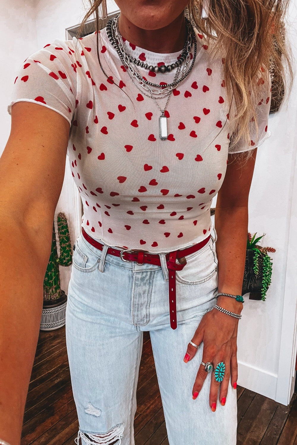 Sheer Heart Print Fitted Top Shopimist