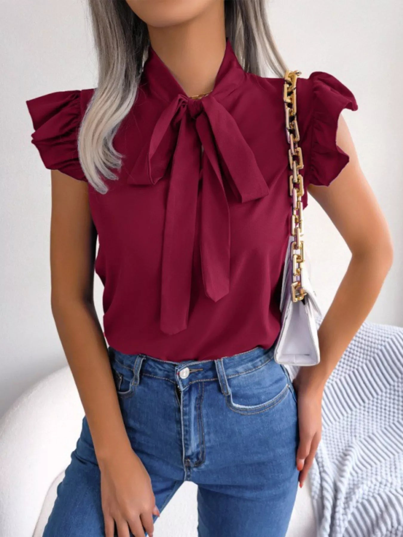 Bow Tie Ruffle Sleeve Blouse Berry Charmz
