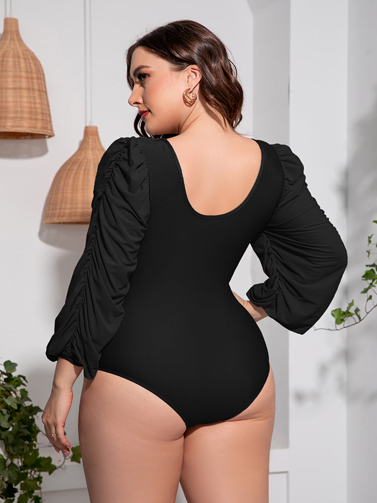 Plus Size Tied Deep V Balloon Sleeve One-Piece Swimsuit VYSN