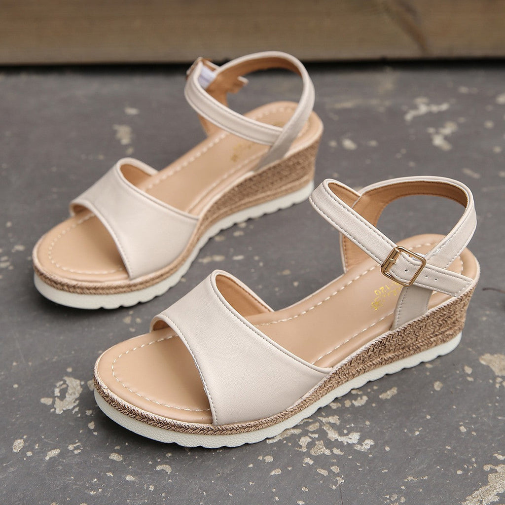 Women's Ankle Buckle Wedge Sandals | PU Fish-Mouth Platform Shoes Sarah Express