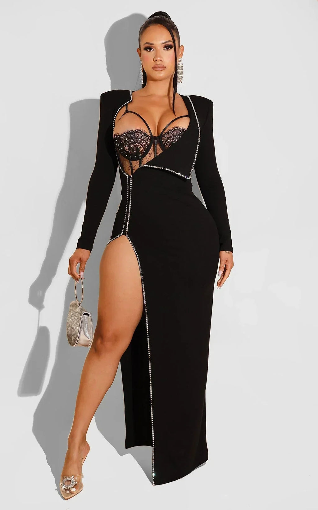 Sexy Gala Mesh Bodysuit Lace Top Zippered Slit Maxi Dress S&E Retail Expo
