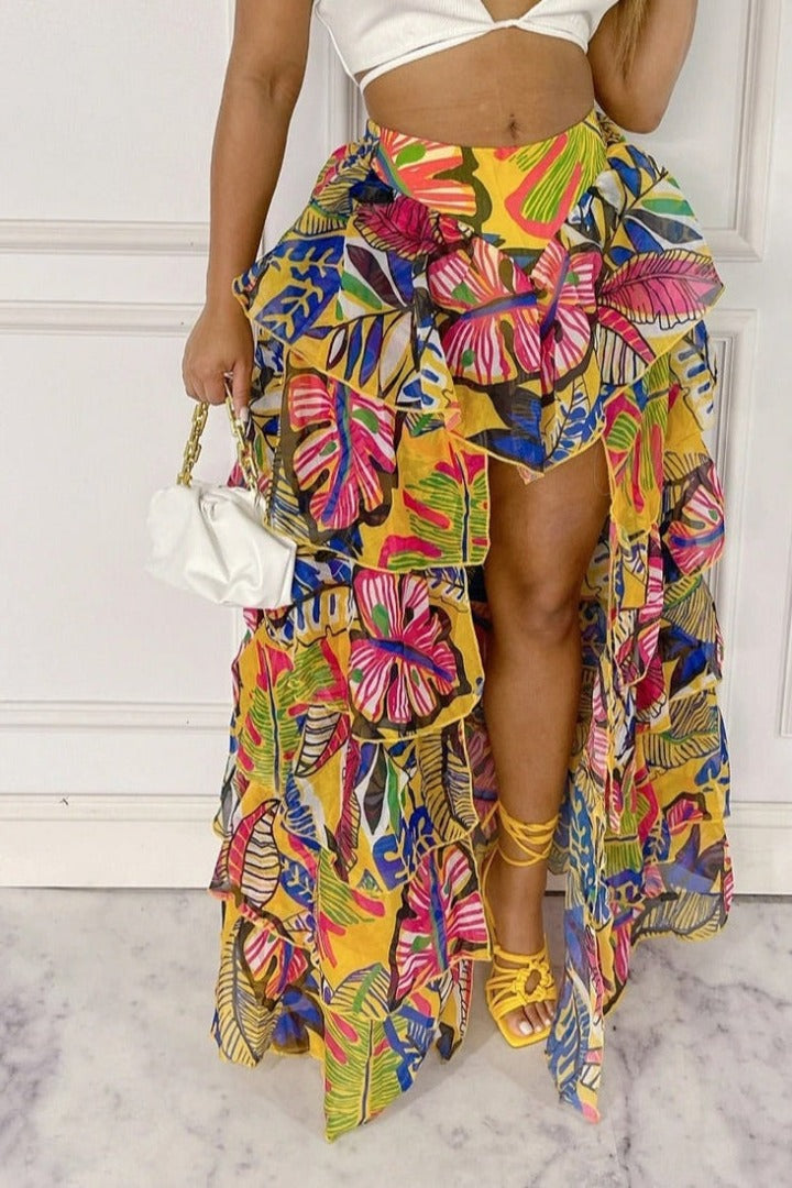 Blissful Views Printed Ruffled High Low Skirt Fasheabe