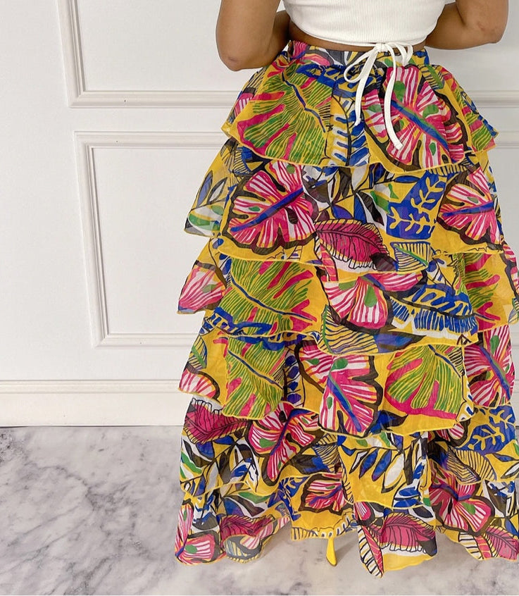 Blissful Views Printed Ruffled High Low Skirt Fasheabe