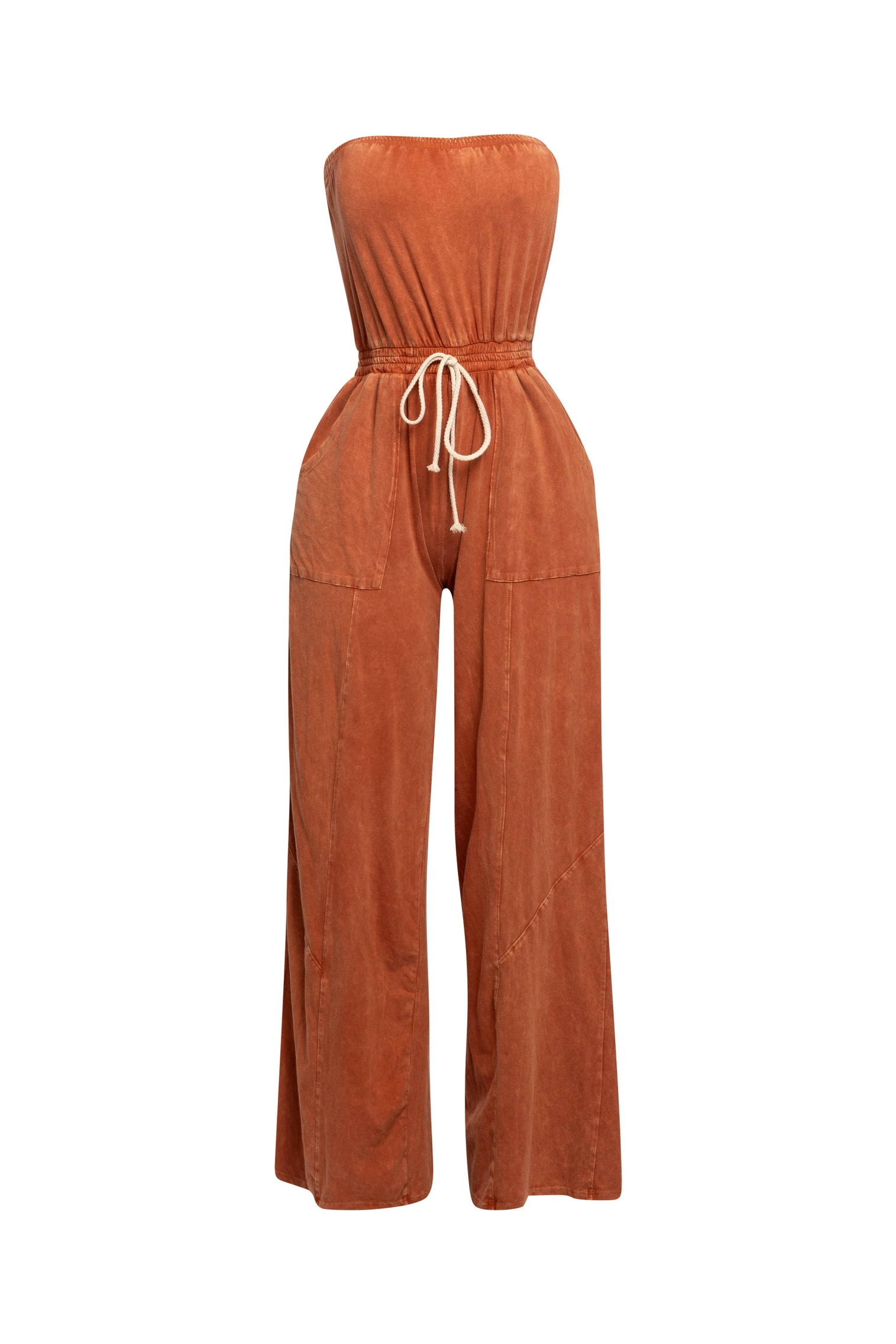 Curvy Mineral Washed Strapless Wide Leg Jumpsuit The House of Stylez