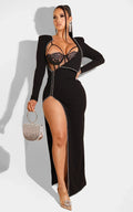 Sexy Gala Mesh Bodysuit Lace Top Zippered Slit Maxi Dress S&E Retail Expo