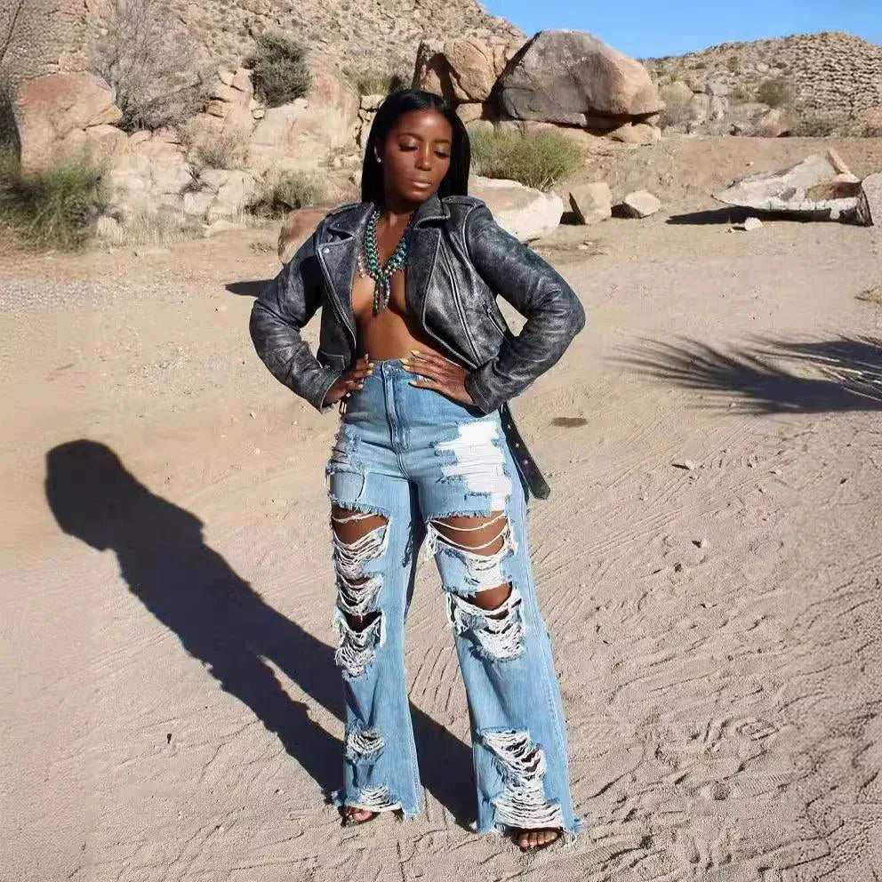 Jeans Women Long Pants Elegant Splice Denim Pant Slim Fit Sexy Hole High Waist Button Pocket Straight Trousers Summer 2024 MANDOTOS