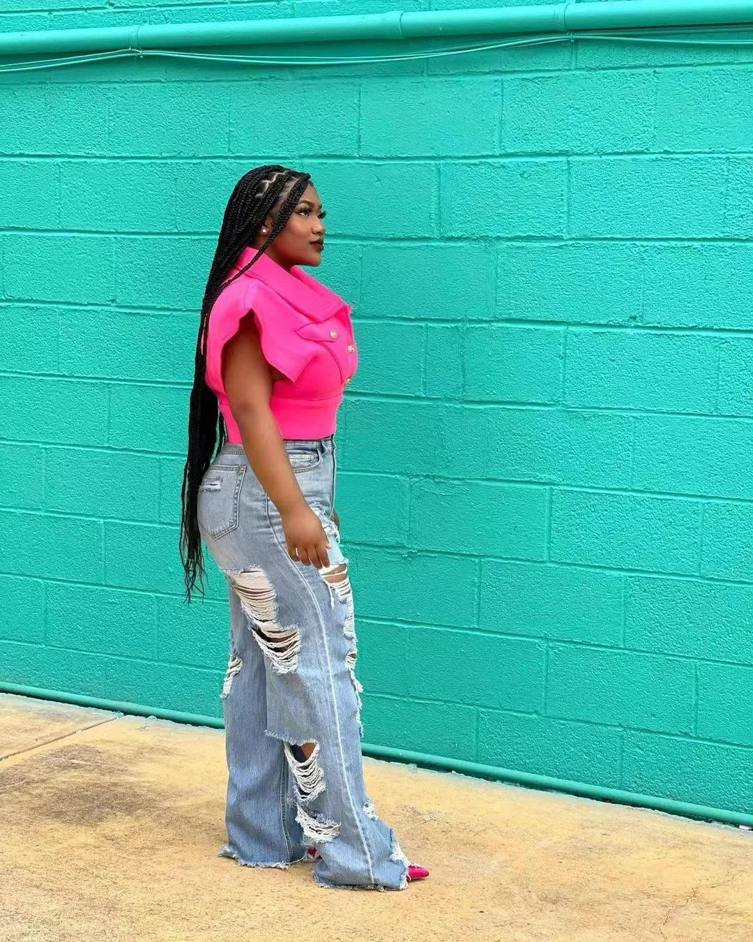 Jeans Women Long Pants Elegant Splice Denim Pant Slim Fit Sexy Hole High Waist Button Pocket Straight Trousers Summer 2024 MANDOTOS