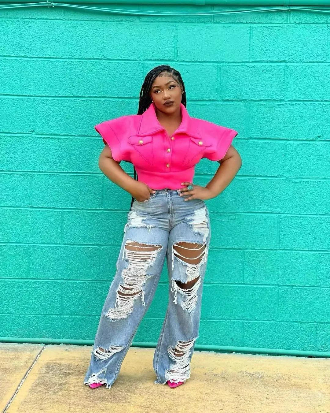 Jeans Women Long Pants Elegant Splice Denim Pant Slim Fit Sexy Hole High Waist Button Pocket Straight Trousers Summer 2024 MANDOTOS